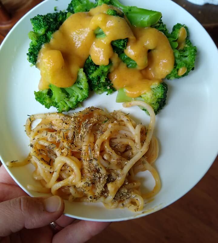 Noodles, broccoli with vegan cheese sauce.