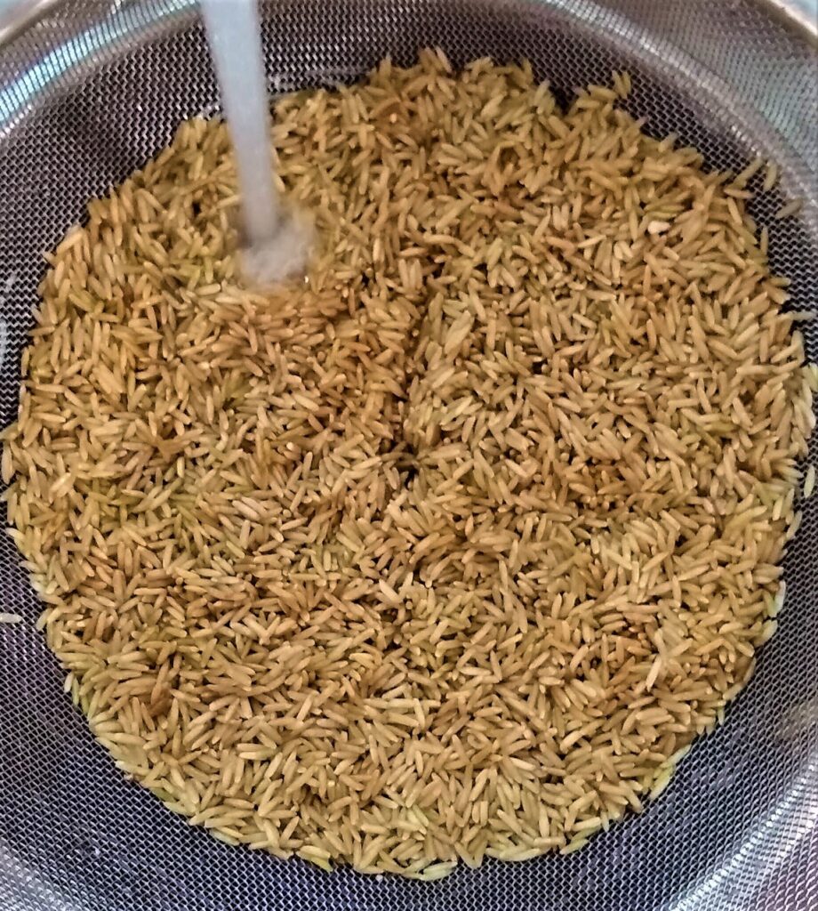 Brown rice in a strainer with water rinsing it