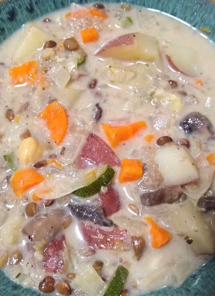 This creamy cabbage and potato soup is even more delicious with the added sweetness of carrots, the crunch of zucchini and the delightful bella mushrooms not to mention the pungent garlic and onion
