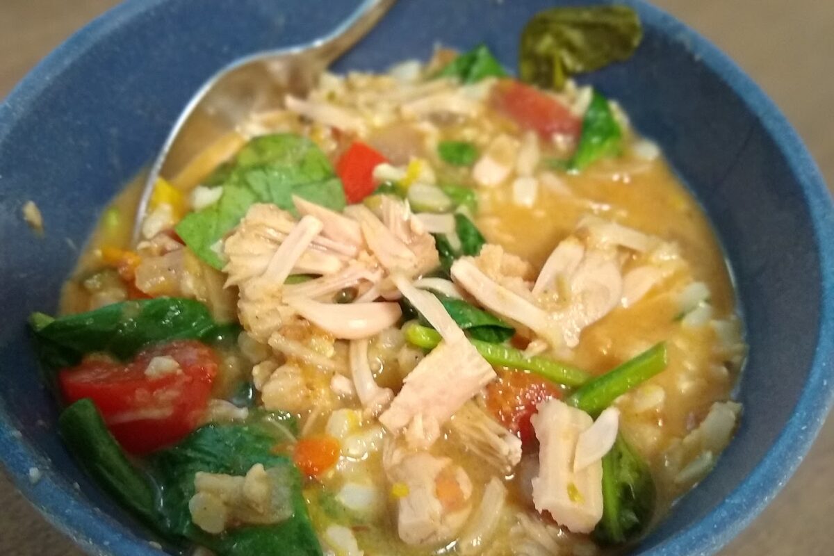 A delicious hot bowl of jackfruit stew that looks like shredded chicken