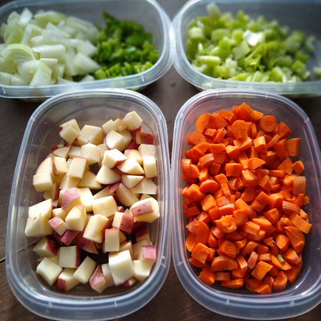A display of cut up veggies including red potatoes, carrots, onions, celery and green peppers for vegan au gratin potaoes