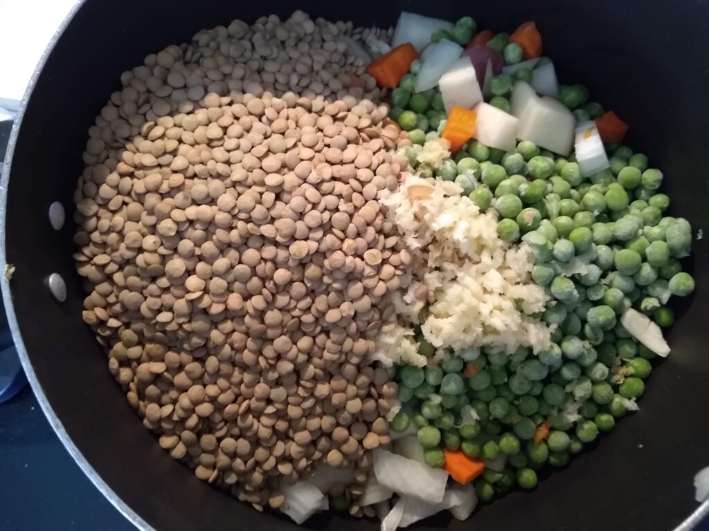 The makings of vegan lentil chickpea stew